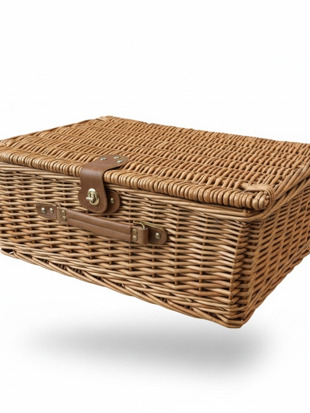 Wicker Storage Basket with Leather Strap - Natural Brown
